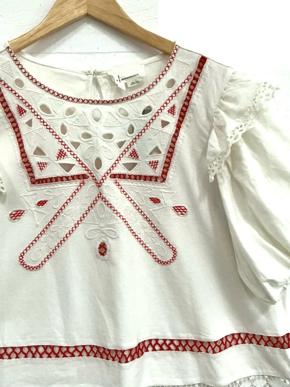 White Peasant Blouse with Red Embroidery by Anthropologie 2X